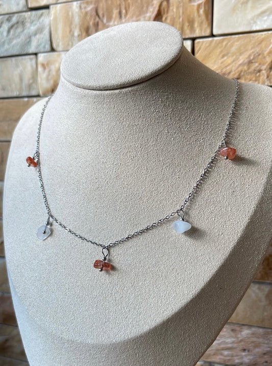 Splitterhalskette Edelstahl Aquamarin x Sonnenstein