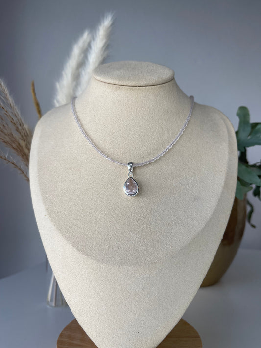 filigrane Naturstein Edelstein Rosenquarz Halskette 925 Silber