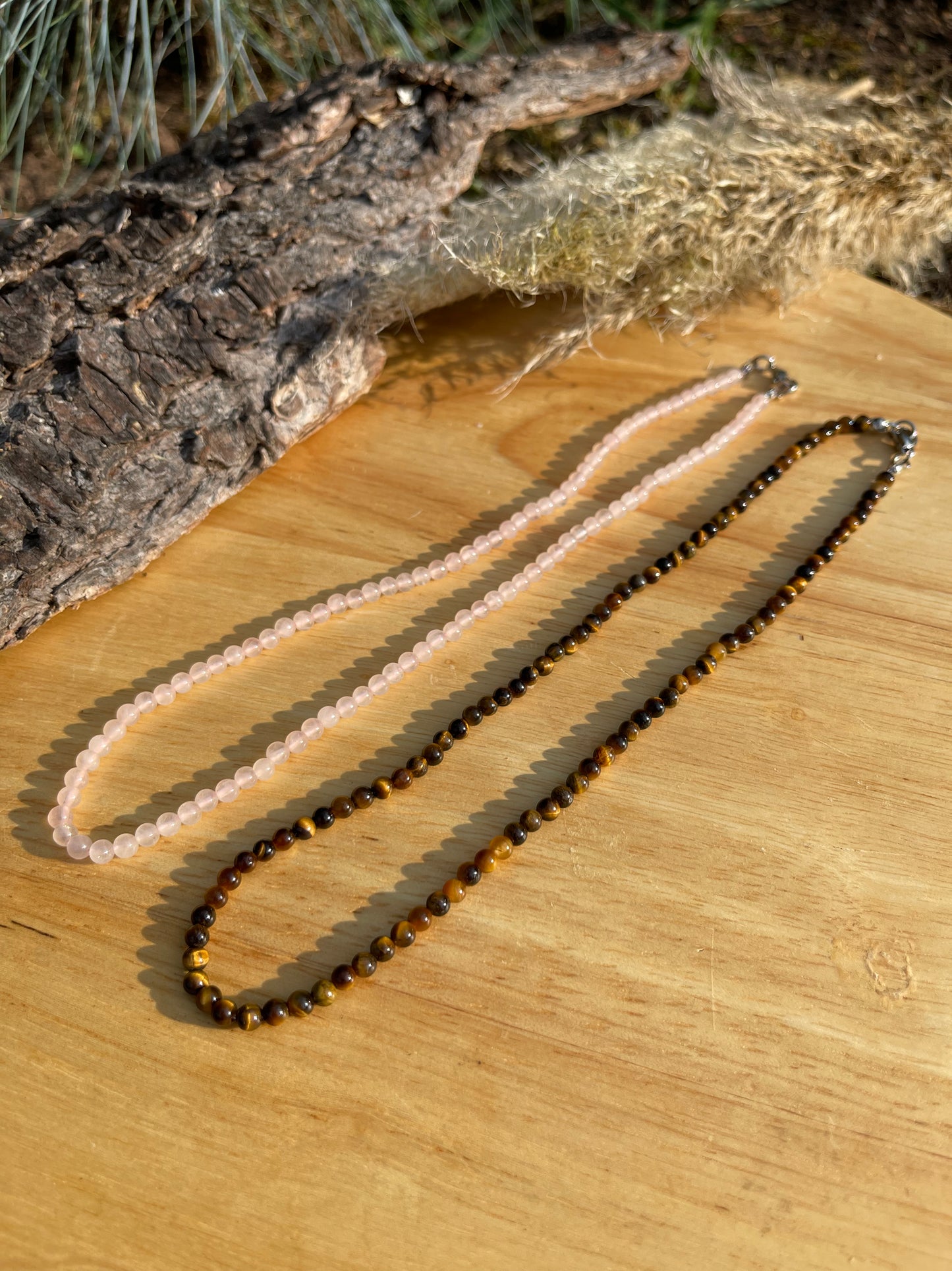 Edelstein Perlenkette Rosenquarz Tigerauge