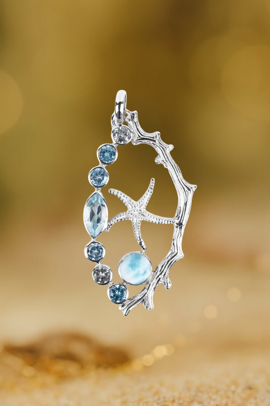 Anhänger Korallenast, Seestern, blauem Topas, Larimar