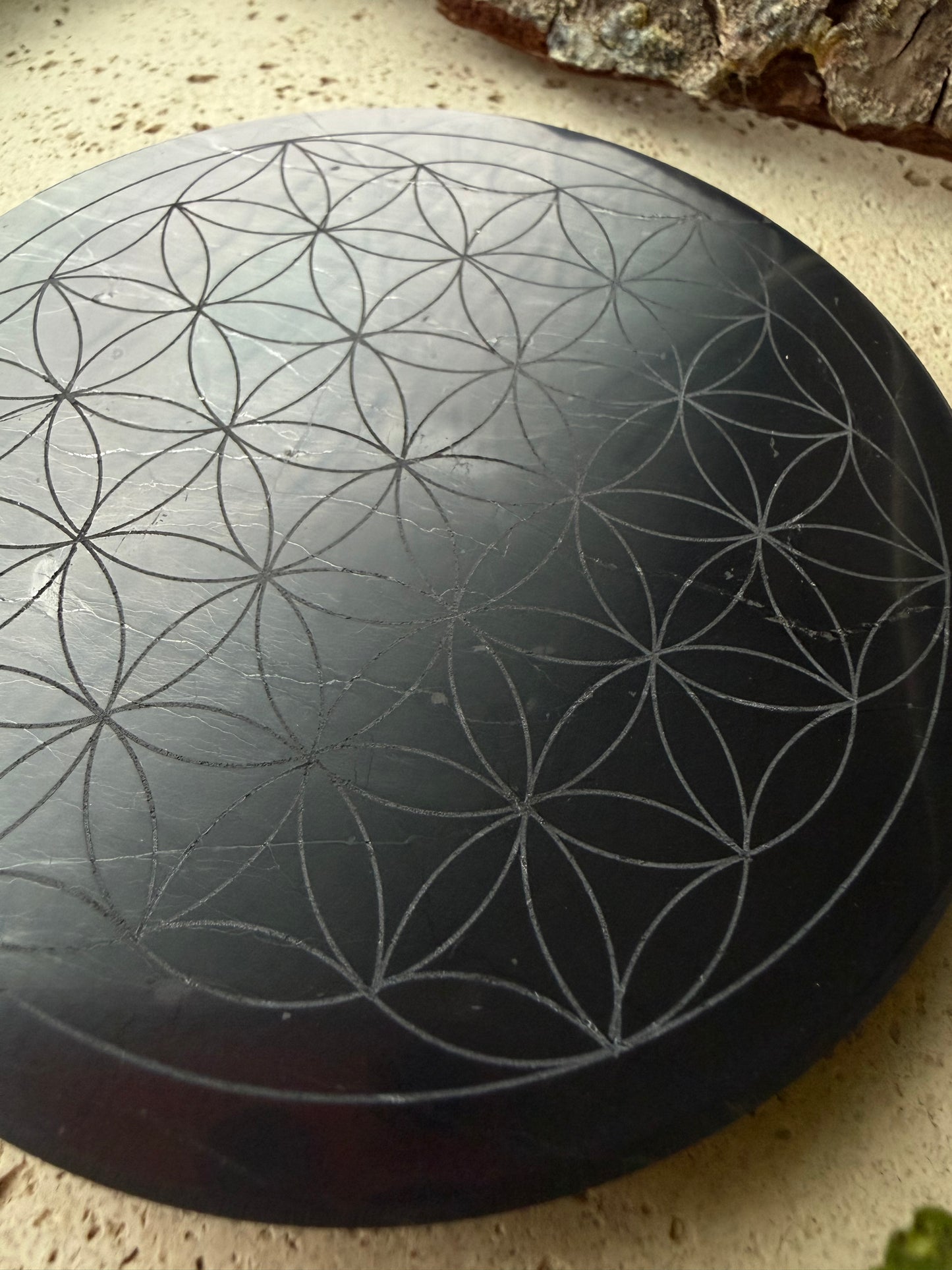 Schungit Platte rund mit der Blume des Lebens (Gravur)